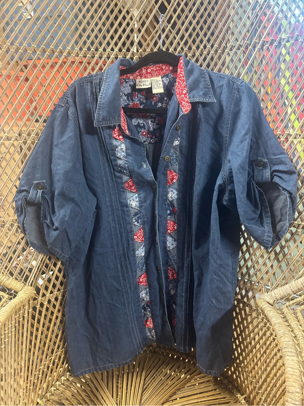 Koret City Blues Denim-Style Shirt with Red Floral Band Trim Vintage